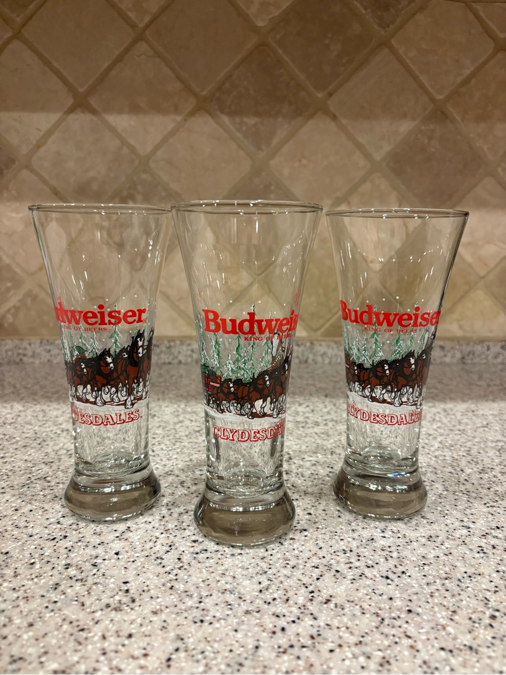 Budweiser Clydesdales Beer Glasses Set of 3 vintage 1989 Christmas